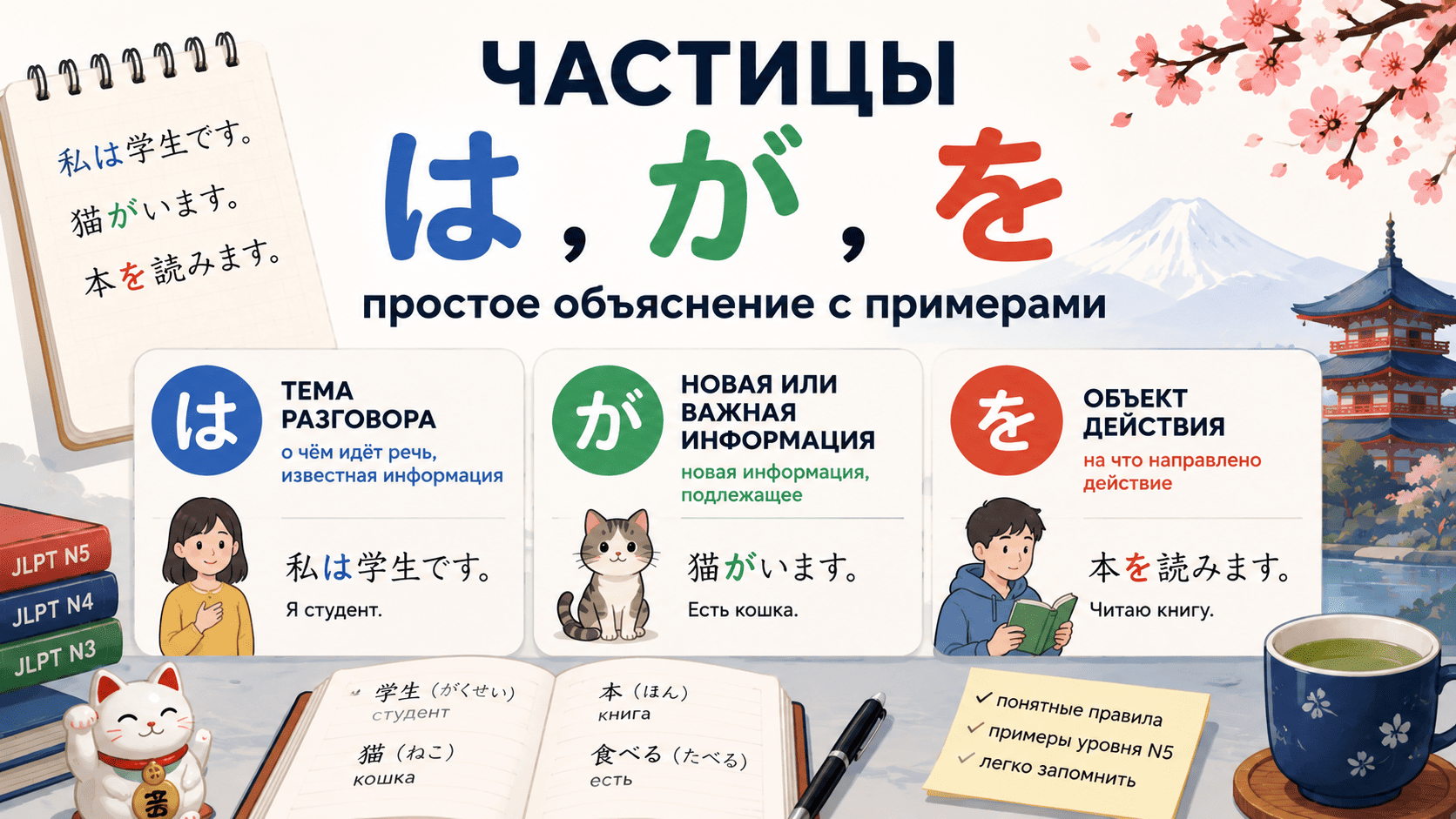 Японские частицы は が и を в предложениях уровня JLPT N5